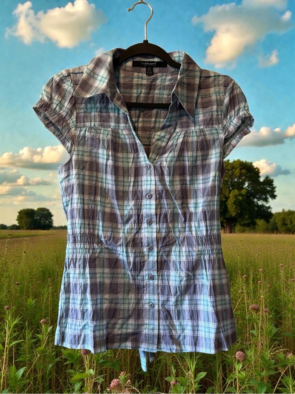 Coupe Collection Aqua Blue & Grey Plaid Button-Down Tunic Top with Tie at Back